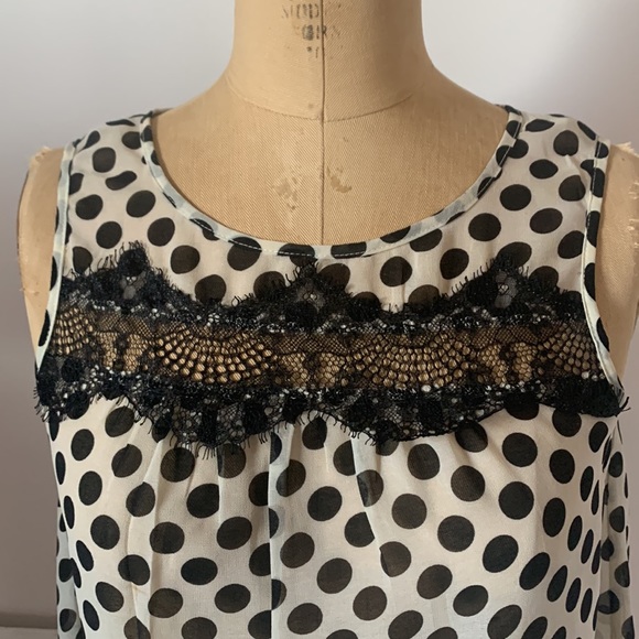 🍀 $10 3/$25! American Rag silky poly georgette sheer polka dot lace top S - Picture 2 of 8